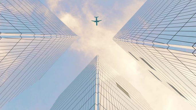 飞机飞过楼顶震撼起飞商务科技镜头