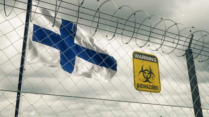 带有生物危害标志的芬兰国旗，警告隔离。循环的。