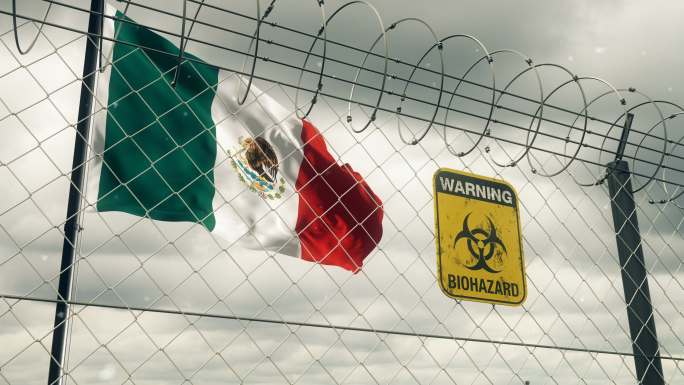 带有生物危害标志的墨西哥国旗，警告隔离。循环的。