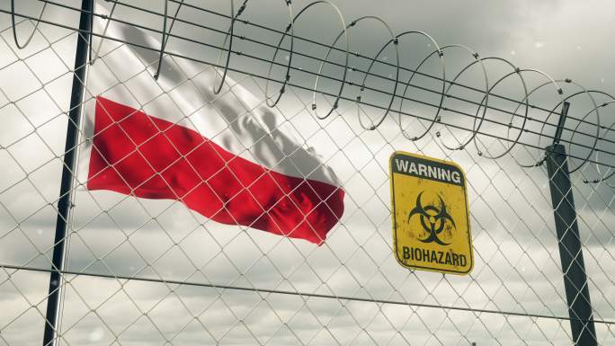 带有生物危害标志的波兰国旗，警告隔离。循环的。