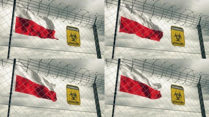 带有生物危害标志的波兰国旗，警告隔离。循环的。