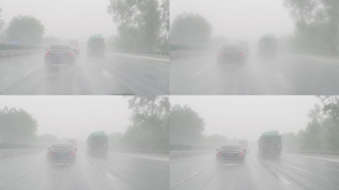 雨中汽车行驶在高速公路上飞溅水花慢镜头