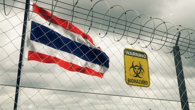 带有生物危害标志的泰国国旗，警告隔离。循环的。