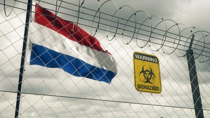 带有生物危害标志的荷兰国旗，警告隔离。循环的。