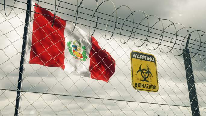 带有生物危害警告标志的秘鲁国旗。循环的。