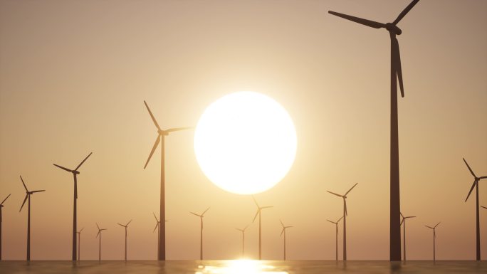 海面新能源环保风力发电机日出剪影延时摄影