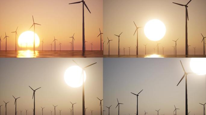 海面新能源环保风力发电机日出剪影延时摄影