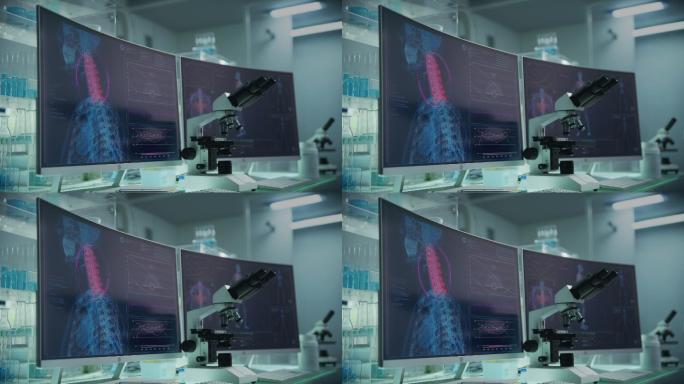 拥有计算机和显微镜的现代化实验室。带有动画人体模型的屏幕。扫描虚拟病人的受伤情况。颈部有红色斑纹
