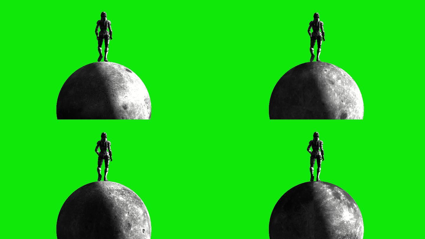 人类在月球上行走，童话般梦幻的超现实场景，绿色屏幕色度键背景
