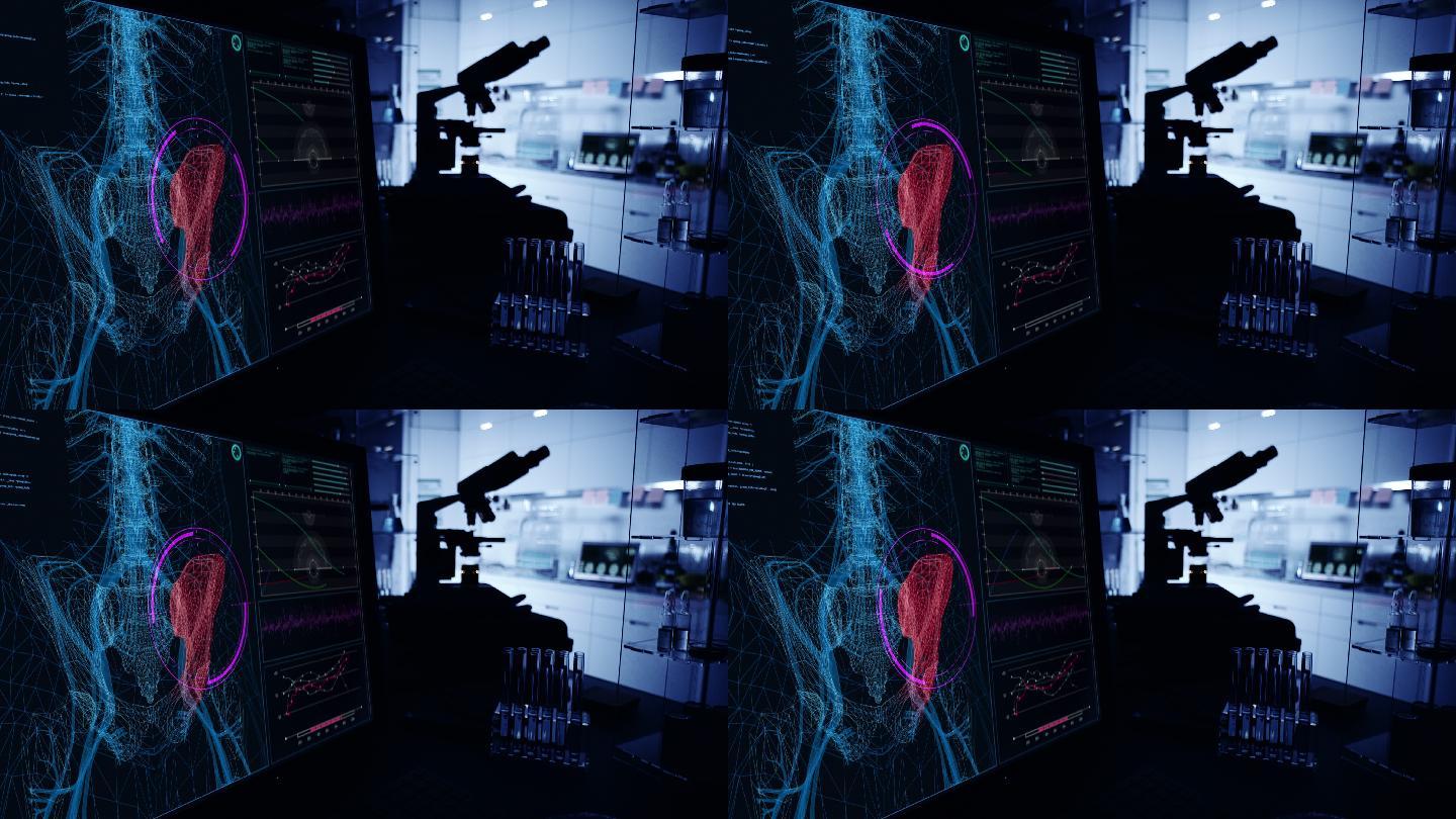 现代实验室。带有动画人体模型的屏幕。扫描虚拟病人的受伤情况。臀部有红色斑纹