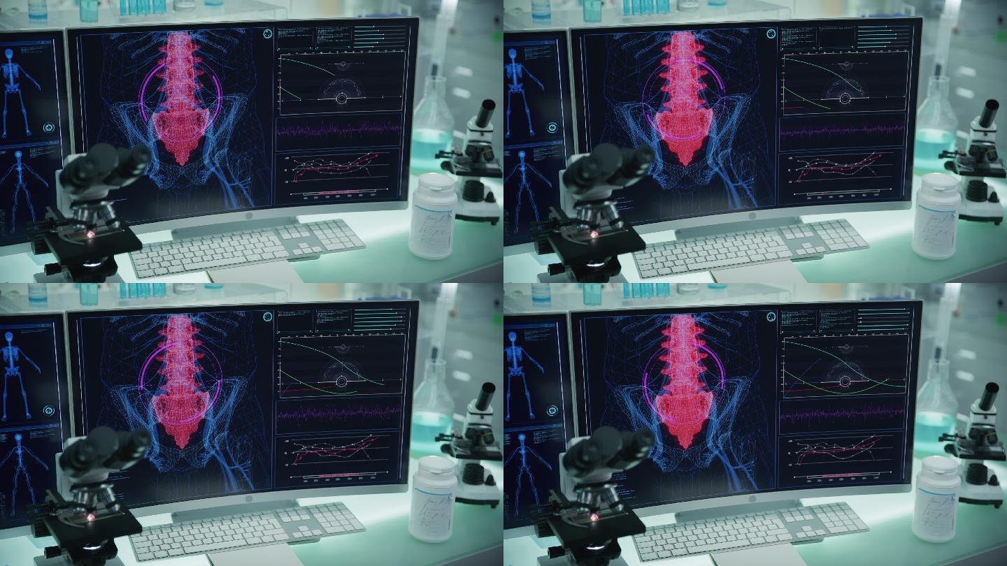 拥有计算机和显微镜的现代化实验室。带有动画人体模型的屏幕。扫描虚拟病人的受伤情况。带红色标记的脊柱