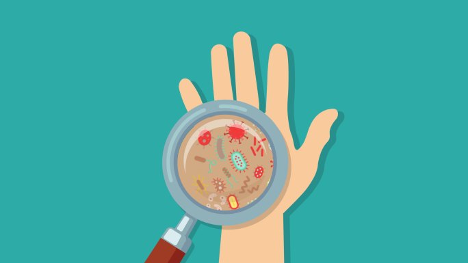 一只手被细菌覆盖的动画视频。它包括微生物、细菌、病毒、卫生、威胁健康的条件、污染等概念。它由4K分辨