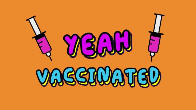 卡通冠状病毒“是的，接种了疫苗”文本视频