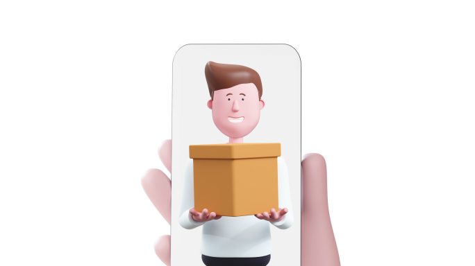 智能手机上的3d动画传送员。快递、快递、电子商务、网上购物的概念。卢玛阿尔法马特。