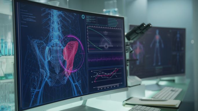 空荡荡的实验室里有电脑和显微镜。带有动画人体模型的屏幕。扫描虚拟病人的受伤情况。有红色标记的臀部