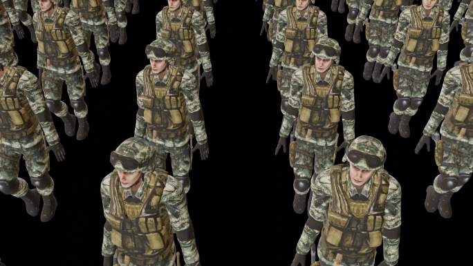 士兵军队概念3D渲染动画，高角度视图