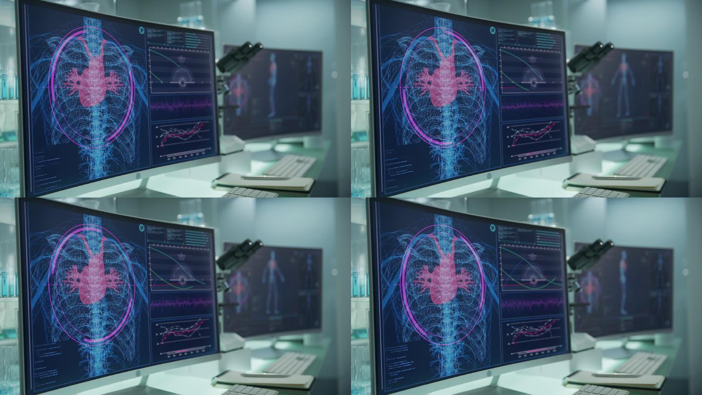 空荡荡的实验室里有电脑和显微镜。带有动画人体模型的屏幕。扫描虚拟病人的受伤情况。有红色斑纹的心脏和静