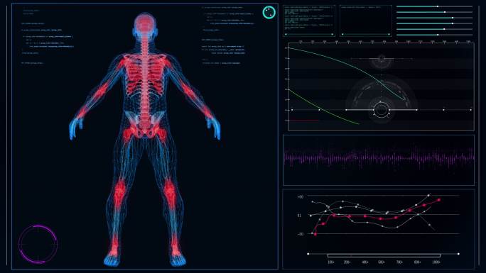 未来派的实验室内部。屏幕上有人体模型。扫描虚拟患者的关节和胸部损伤