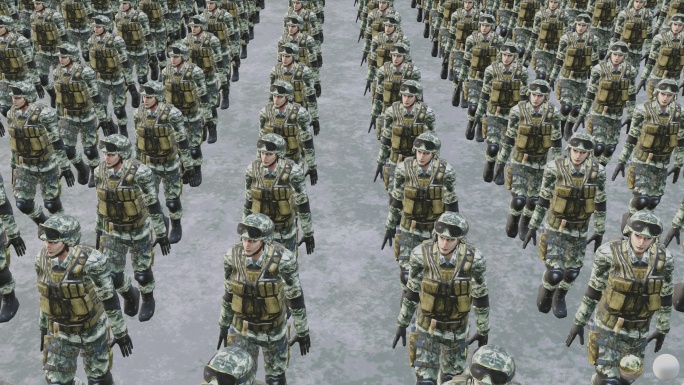 士兵军队概念3D渲染动画，高角度视图