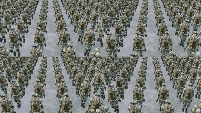 士兵军队概念3D渲染动画，高角度视图