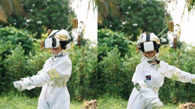 小女孩穿着太空服，戴着虚拟现实眼镜，白天在前院跳舞。