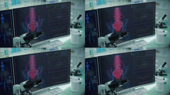 拥有计算机和显微镜的现代化实验室。带有动画人体模型的屏幕。扫描虚拟病人的受伤情况。带红色标记的脊柱