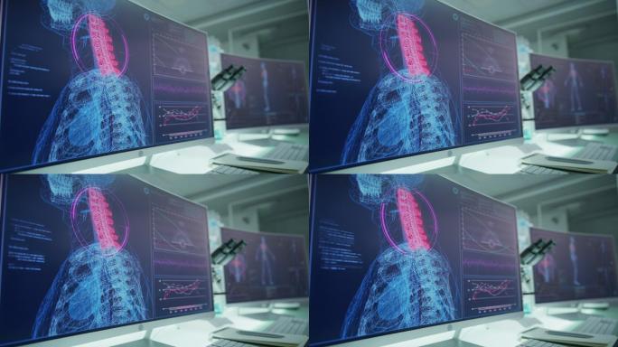 空荡荡的实验室里有电脑和显微镜。带有动画人体模型的屏幕。扫描虚拟病人的受伤情况。脖子上有红色标记