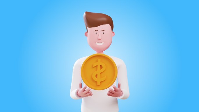 吉米是一个拿着硬币的3d动画人。概念：购物、支付、投资、商业、金融、成功。