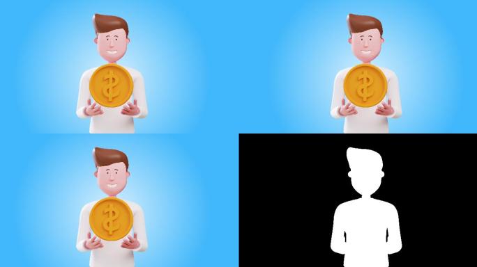 吉米是一个拿着硬币的3d动画人。概念：购物、支付、投资、商业、金融、成功。