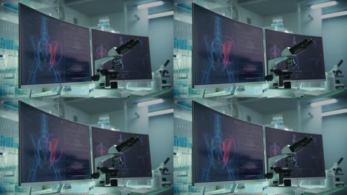 拥有计算机和显微镜的现代化实验室。带有动画人体模型的屏幕。扫描虚拟病人的受伤情况。有红色标记的臀部