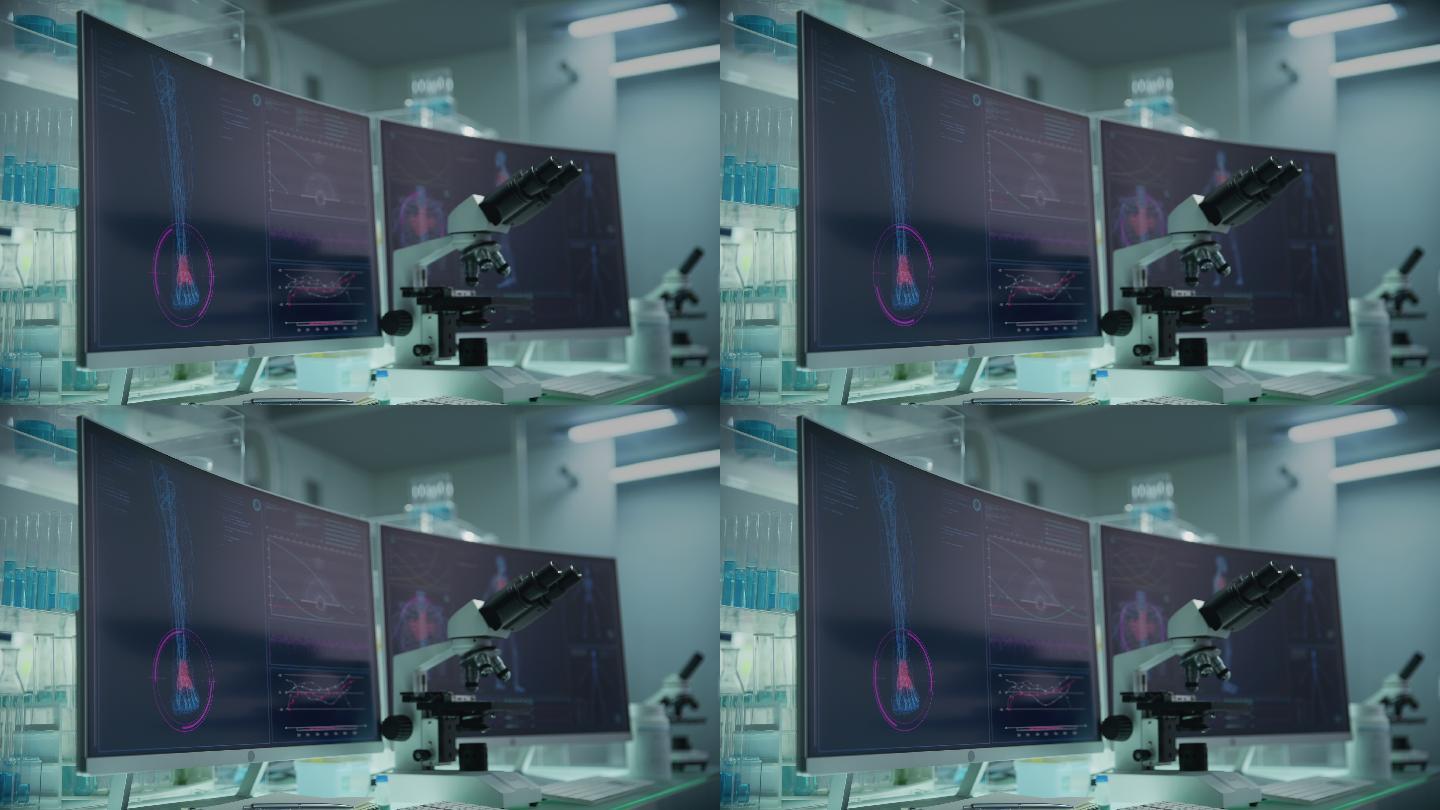 拥有计算机和显微镜的现代化实验室。带有动画人体模型的屏幕。扫描虚拟病人的受伤情况。脚踝有红色斑纹