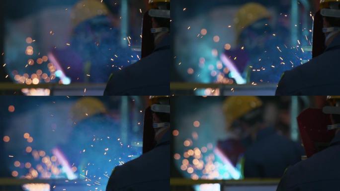 工人 电焊 焊接火花蓝色背面质感空镜