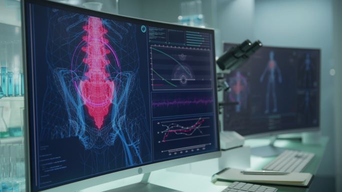 空荡荡的实验室里有电脑和显微镜。带有动画人体模型的屏幕。扫描虚拟病人的受伤情况。下脊柱有红色标记