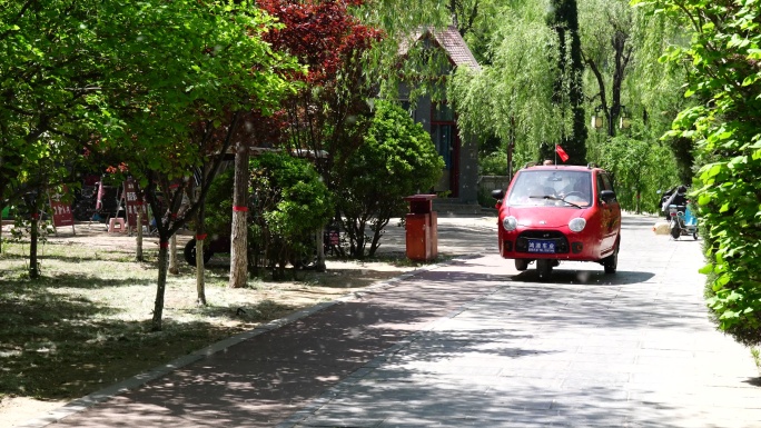 老年代步车穿过柳絮飞扬的公园道路