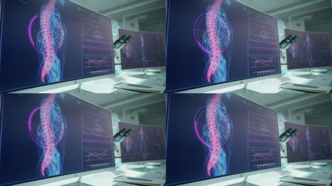 空荡荡的实验室里有电脑和显微镜。带有动画人体模型的屏幕。扫描虚拟病人的受伤情况。有红色斑纹的脊柱