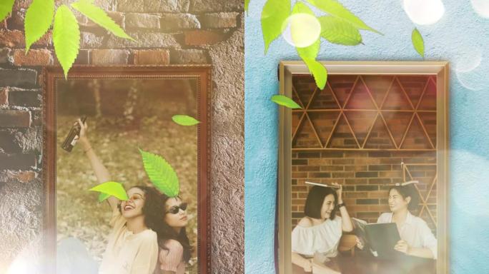 阳光明媚的春日里砖墙上的相框朋友合影照片