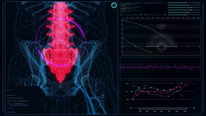 未来实验室。带有动画人体模型的屏幕。扫描虚拟病人的受伤情况。带红点的下脊柱