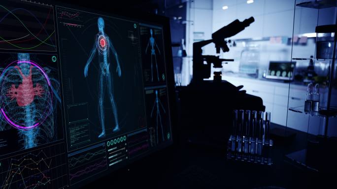 现代实验室。带有动画人体模型的屏幕。扫描虚拟病人的受伤情况。有红色斑纹的心脏和静脉