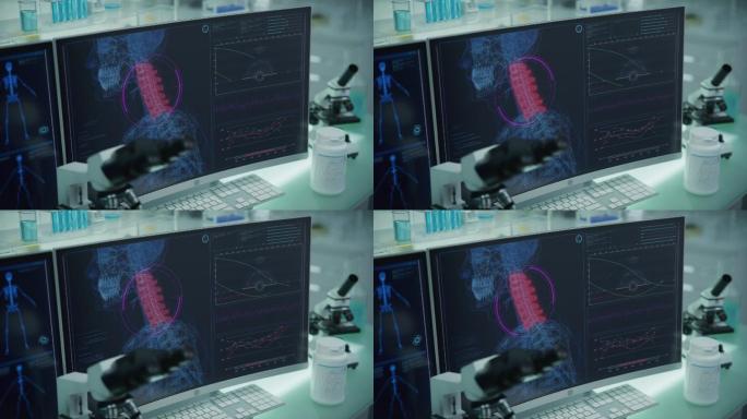 拥有计算机和显微镜的现代化实验室。带有动画人体模型的屏幕。扫描虚拟病人的受伤情况。脖子上有红色标记
