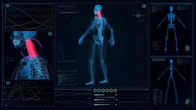 未来实验室。带有动画人体模型的屏幕。扫描虚拟病人的受伤情况。脖子上有红点