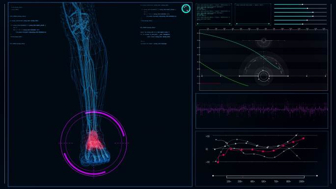未来派的实验室内部。屏幕上有人体模型。扫描虚拟患者的足部损伤