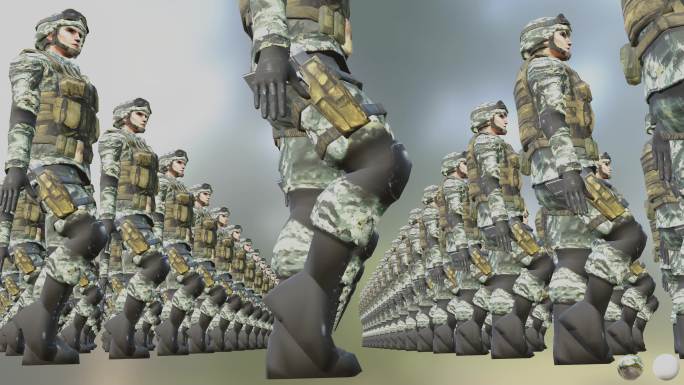 士兵军队概念3D渲染动画，侧视图，低角度