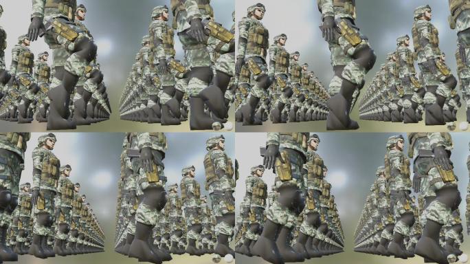 士兵军队概念3D渲染动画，侧视图，低角度