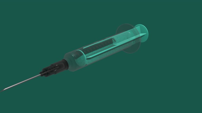 3D渲染，单个注射器在绿色背景下旋转。