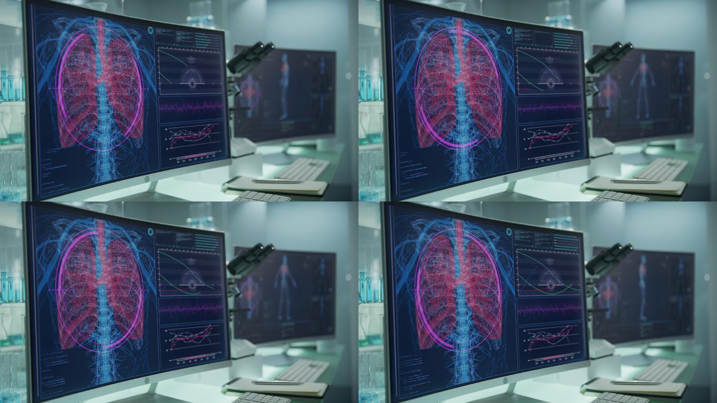 空荡荡的实验室里有电脑和显微镜。带有动画人体模型的屏幕。扫描虚拟病人的受伤情况。有红色斑点的肺