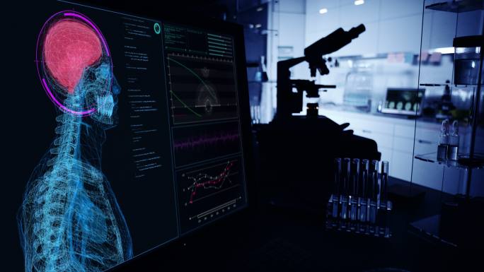 现代实验室。带有动画人体模型的屏幕。扫描虚拟病人的受伤情况。有红色斑纹的大脑