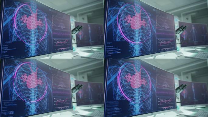 空荡荡的实验室里有电脑和显微镜。带有动画人体模型的屏幕。扫描虚拟病人的受伤情况。有红色斑纹的心脏和静