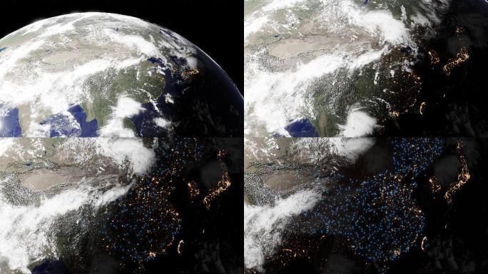 地球从太空由远至近推进到中国中部-带连线