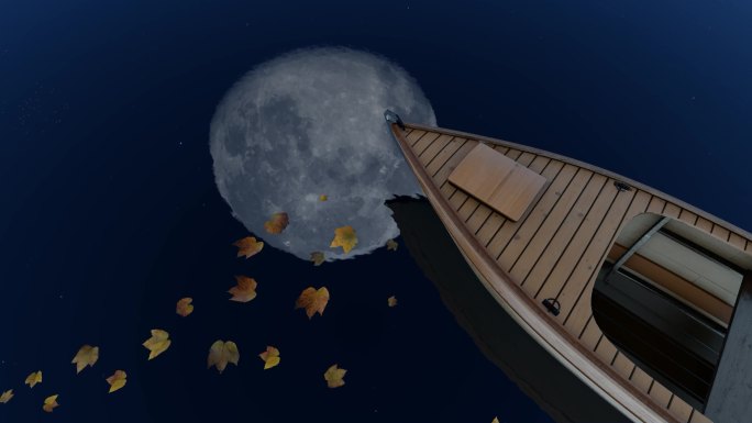 月亮倒影水面小船