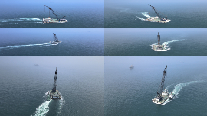 【4K】航拍工程作业船-海上浮吊-拖轮